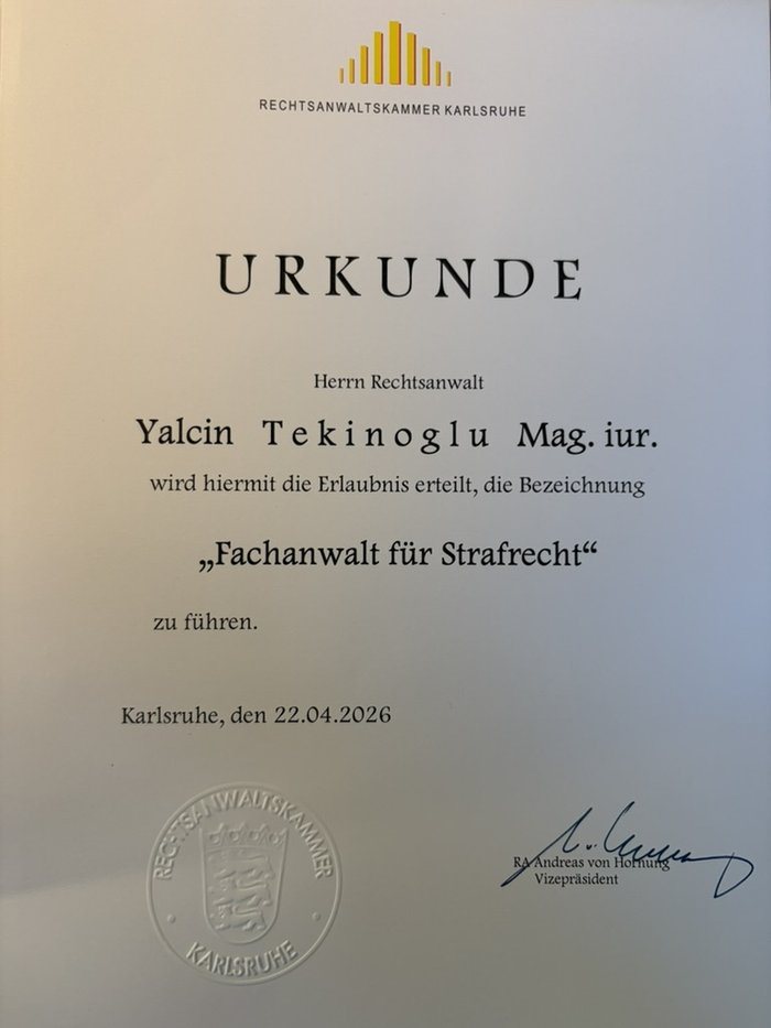 Urkunde der Rechtsanwaltskammer Karlsruhe: Fachanwalt für Strafrecht